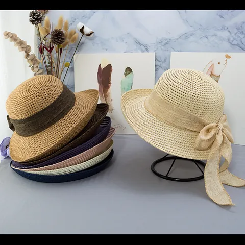 Women Fashion Paper Straw Sun Hat With Large Bow Ribbon Wide Brim Summer Beach Vacation UV Protection Adjustable Straw Hat