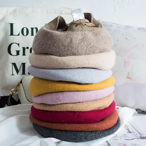 Cappello Basco da Donna in Misto Lana Stile Francese Vintage Tinta Unita Cappello da Artista Berretto a Zucca Caldo Ispessito per Inverno Autunno