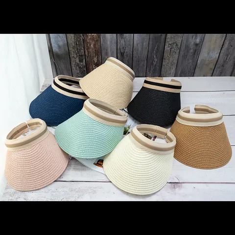 Women Casual Straw Braided Sun Visor Hat Open Top Beach Hat Striped Ribbon Band UV Protection Adjustable Summer Hat