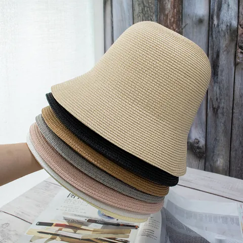 Women Summer Breathable Paper Straw Bucket Hat Vintage Japanese Style Round Top Sunshade Woven Sun Hat Beach Travel