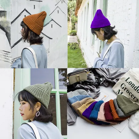 Damen Einfarbig Strickmütze Herbst Winter Warm Gerippte Wollmütze Lässig Einfach Slouch Beanie Mode Accessoire