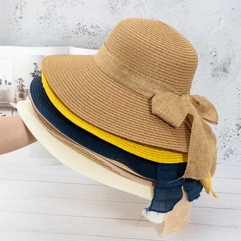 Chapeau de Paille en Papier à Bord Large pour Femmes Élégant avec Grand Nœud Chapeau de Soleil pour Vacances d'Été à la Plage