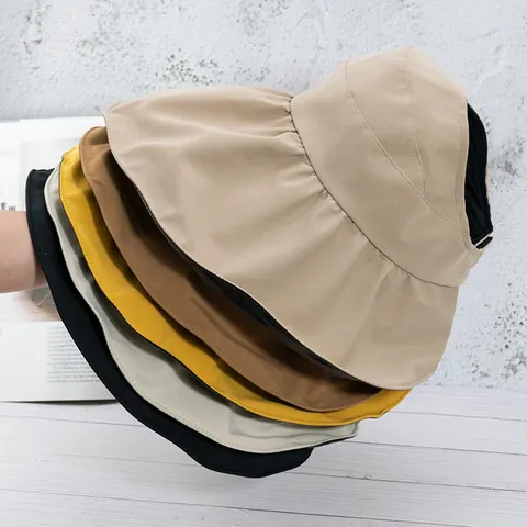 Women UV Protection Sun Visor Hat Foldable Black Vinyl Coating Wide Brim Beach Fisherman Hat Portable Summer Sun Hat