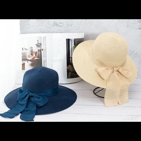 Chapeau de Paille en Papier à Bord Large pour Femmes Élégant avec Grand Nœud Chapeau de Soleil pour Vacances d'Été à la Plage
