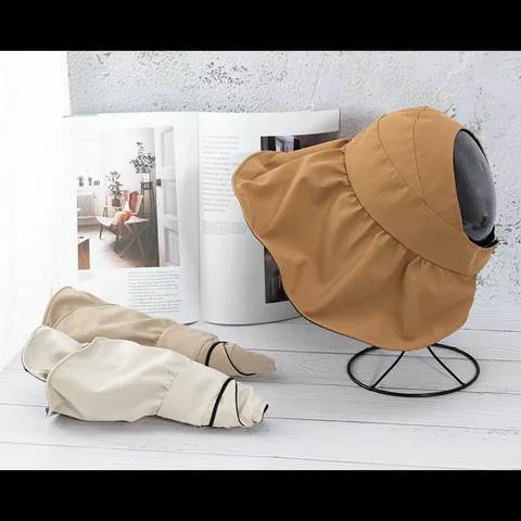 Women UV Protection Sun Visor Hat Foldable Black Vinyl Coating Wide Brim Beach Fisherman Hat Portable Summer Sun Hat