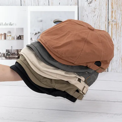 Vintage Katoen Newsboy Pet Voor Heren Dames Verstelbare Metalen Gesp Acht Paneel Effen Kleur Baret Retro Schilderspet