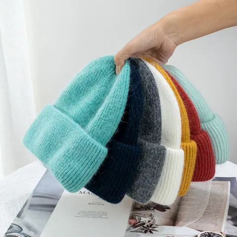 Women Thick Rabbit Hair Blend Knit Beanie Hat Winter Warm Fuzzy Plush Rolled Edge Solid Color Casual Skull Cap Beanie
