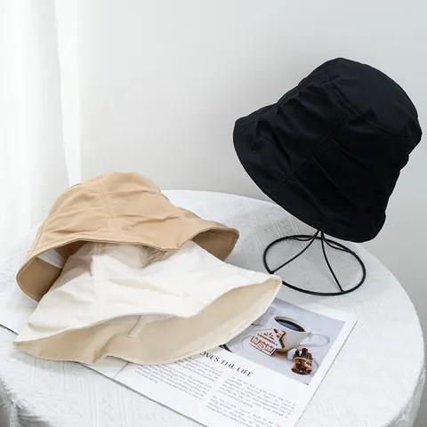 Women Casual Polyester Pleated Bucket Hat Sun Protection Folding Fisherman Hat Solid Color Outdoor Beach Shading Cap