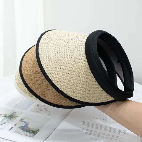 Women Summer Straw Sun Hat UV Protection Wide Brim Open Top Visor Adjustable Beach Vacation Woven Sunshade Hat
