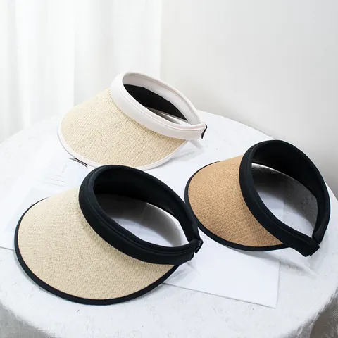 Women Summer Straw Sun Hat UV Protection Wide Brim Open Top Visor Adjustable Beach Vacation Woven Sunshade Hat