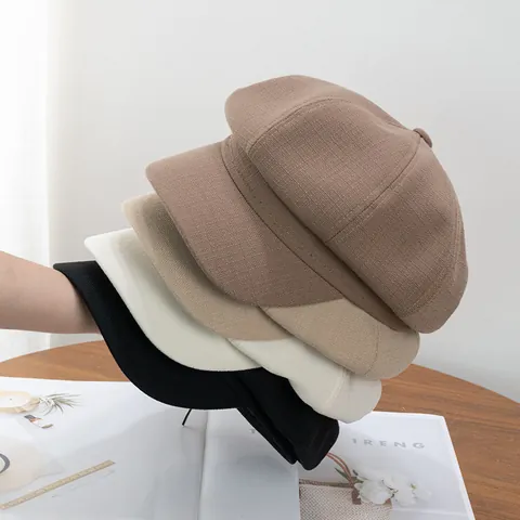 Gorra de Vendedor de Periódicos Vintage para Mujer Color Sólido Cuadros Ajustable Octagonal Protección Solar Transpirable Lino