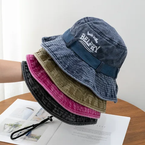 Sombrero de Pescador de Algodón Lavado Vintage Con Cuerda a Prueba de Viento Letra Bordada Protección Solar para Mujer