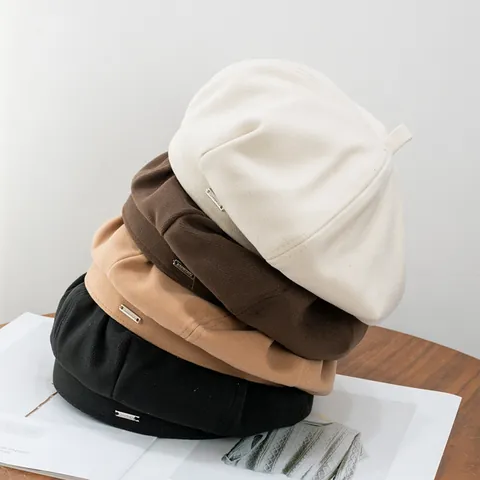Women Autumn Winter Solid Color Woolen Beret Hat Korean Style Ins Painter Hat With Metal Plate Decoration Adjustable Warm Minimalist Fashion Accessory