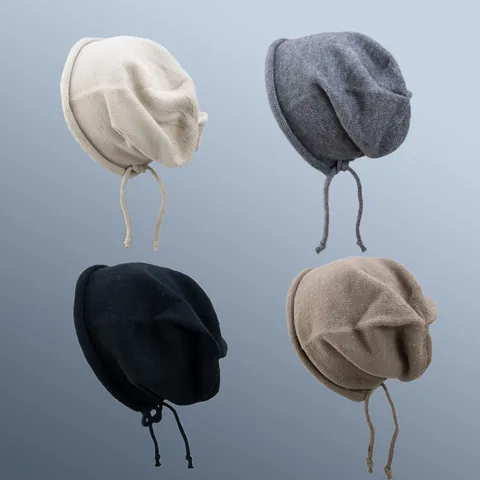 Solid Color Knit Slouchy Beanie Hat With Drawstring Roll Edge Winter Warm Casual Knitted Cap For Men Women Fashion