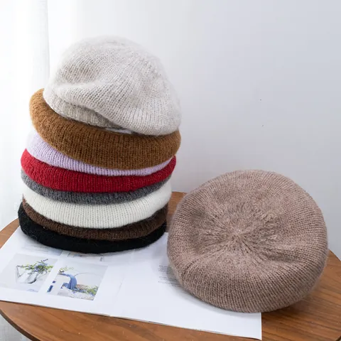 Women French Retro Wool Blend Knitted Beret Hat Autumn Winter Warm Solid Color Mohair Feel Painter Hat Artist Cap Fashion Accessories