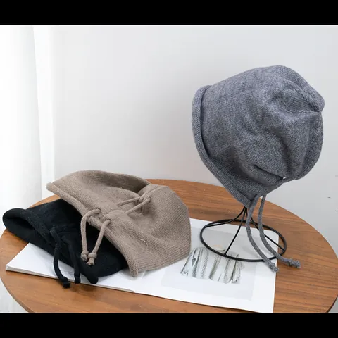 Solid Color Knit Slouchy Beanie Hat With Drawstring Roll Edge Winter Warm Casual Knitted Cap For Men Women Fashion