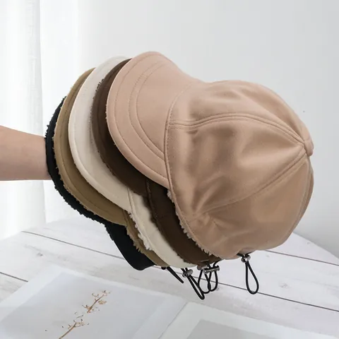 Women Winter Warm Faux Lamb Wool Bucket Hat With Peak Adjustable Drawstring Equestrian Style Thick Casual Plush Solid Cap
