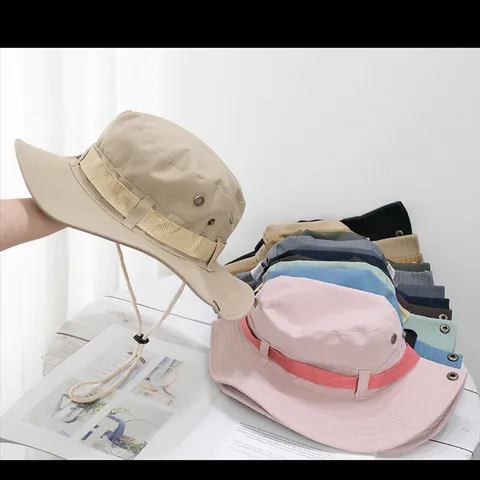 Unisex Outdoor Wide Brim Boonie Hat Cotton Breathable Fisherman Hat With Adjustable Wind Rope For Hiking Camping Sun Hat