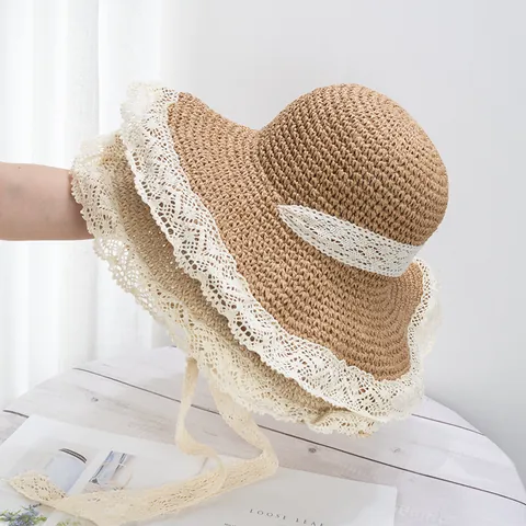 Women French Pastoral Paper Straw Hat With Wide Brim Lace Edge Elegant Ribbon Tie Sun Protection Foldable Summer Beach Hat