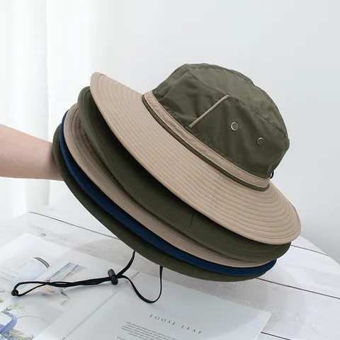 Outdoor Sun Protection Large Brim Bucket Hat With Windproof Rope Quick Dry Breathable Patchwork Bonnie Hat For Fishing
