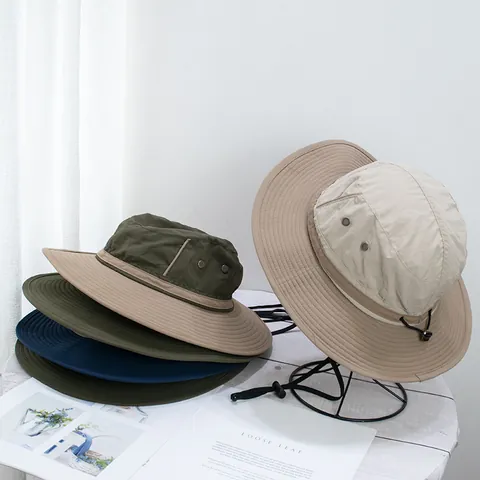 Outdoor Sun Protection Large Brim Bucket Hat With Windproof Rope Quick Dry Breathable Patchwork Bonnie Hat For Fishing
