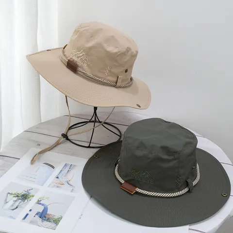 Outdoor Wide Brim Sun Hat Breathable Fisherman Bucket Hat With Windproof Rope For Women Men Camping Hiking Travelers Hat