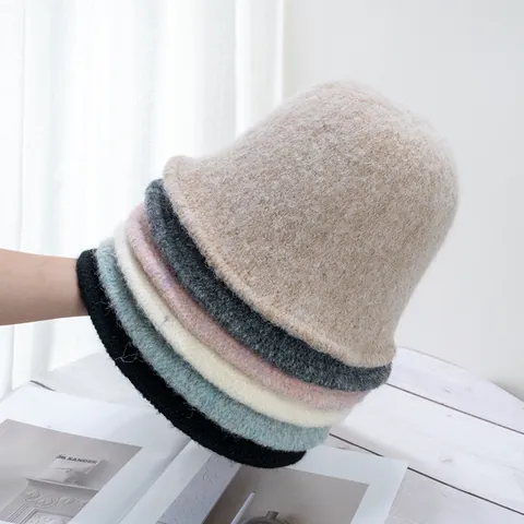 Gorro de Pescador de Punto Peludo para Mujer Invierno Cálido Sombrero de Cubeta Minimalista Color Sólido Felpa Gruesa Accesorio Casual Exterior