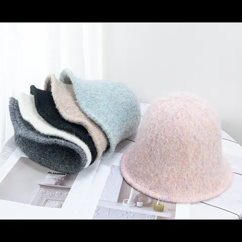 Gorro de Pescador de Punto Peludo para Mujer Invierno Cálido Sombrero de Cubeta Minimalista Color Sólido Felpa Gruesa Accesorio Casual Exterior