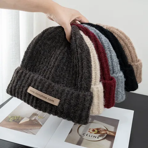 Women Korean Style Wool Blend Ribbed Knit Beanie Winter Warm Brimless Pullover Cold Hat Solid Color Fashion Soft Skull Cap