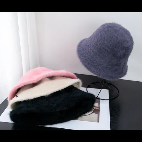 Women's Soft Faux Rabbit Fur Bucket Hat Autumn Winter Warm Plush Fisherman Hat Solid Color Fashion Soft Basin Hat For Ladies