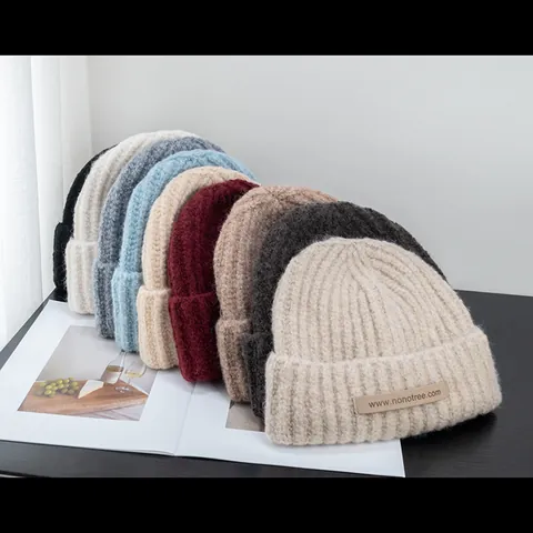 Women Korean Style Wool Blend Ribbed Knit Beanie Winter Warm Brimless Pullover Cold Hat Solid Color Fashion Soft Skull Cap