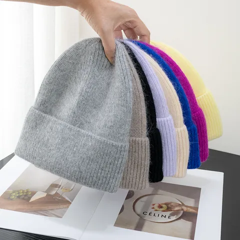 Women Winter Warm Knit Beanie Hat Fuzzy Rabbit Fur Blend Solid Color Soft Elastic Outdoor Fashion Daily Cold Hat