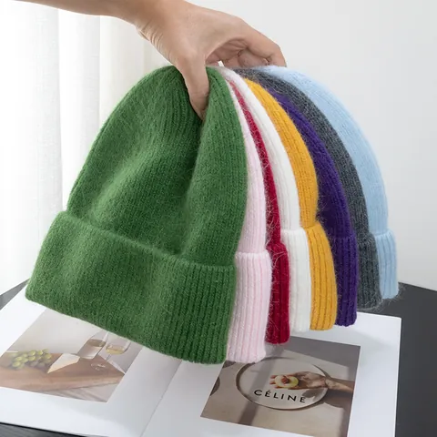 Women Winter Warm Knit Beanie Hat Fuzzy Rabbit Fur Blend Solid Color Soft Elastic Outdoor Fashion Daily Cold Hat