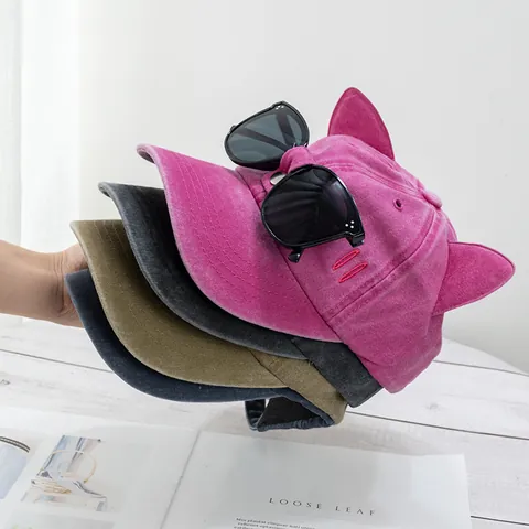 Creative Cat Ear Pilot Sunglasses Baseball Cap For Women Washed Cotton Distressed Fashion Hip Hop Hat Adjustable Outdoor Sun Protection Headwear