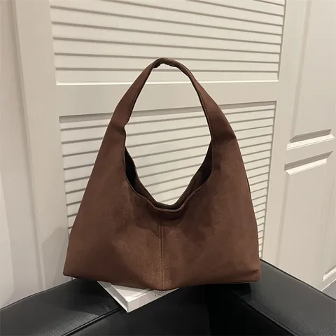 Women's Minimalist Suede Frosted Shoulder Bag Retro Large Capacity Tote Underarm Bag Solid Color One-Piece Wide Strap Bag