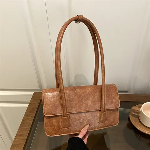 Vintage PU Leder Achseltasche Für Damen Minimalistische Ölwachs Textur Schultertasche Mit Klappendeckel Mode Handtasche