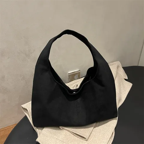 Women's Minimalist Suede Frosted Shoulder Bag Retro Large Capacity Tote Underarm Bag Solid Color One-Piece Wide Strap Bag