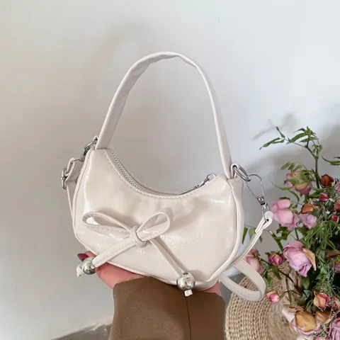 Women Fashion Bow Crescent Bag PU Leather Small Handbag With Silver Metal Beads Single Shoulder Crossbody Bag Daily Purse