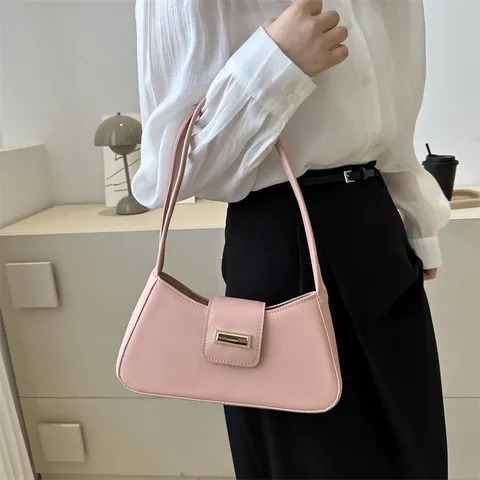 Elegant French Niche Style Baguette Underarm Bag PU Leather Solid Color Gold Metal Buckle Flip Shoulder Handbag