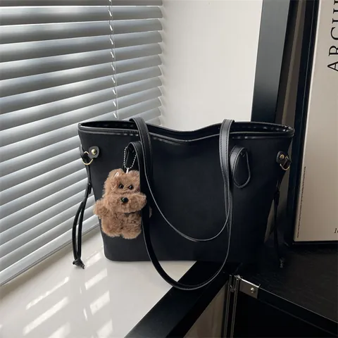 Women Retro Suede Faux Leather Large Capacity Tote Bag Minimalist Commuter Shoulder Bag With Bear Pendant Retro Handbag