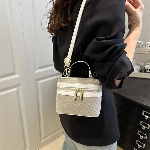 Women Patchwork Vanity Box Bag Retro PU Leather Shoulder Bag Large Capacity Crossbody Handbag With Handle Fashion Gift