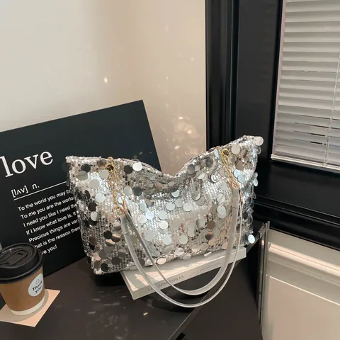 Damen Glänzende Pailletten Tragetasche Große Kapazität Umhängetasche Mit Metallkette Mode Party Handtasche Für Den Alltag
