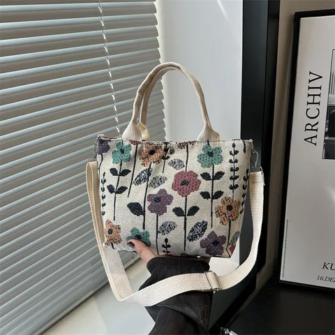 Borsa Tote da Donna con Stampa Floreale Fragola Vintage in Velluto a Coste Tela con Tracolla Rimovibile per Uso Quotidiano