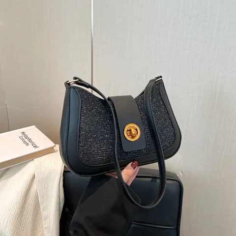 Borsa Sottobraccio Donna Con Paillettes E Brillantini in Pelle PU Borsa Hobo a Mezzaluna Con Chiusura a Girello Oro Per Feste