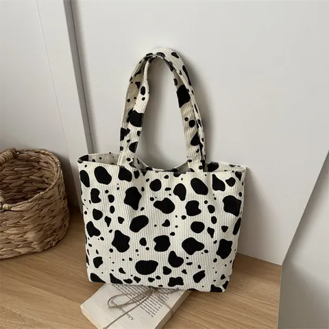 Women Vintage Cow Print Corduroy Tote Bag Large Capacity Casual Shoulder Bag Simple Versatile Daily Shopping Canvas Handbag