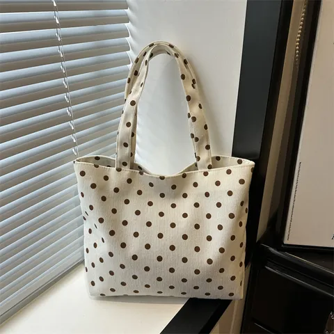 Women's Vintage Polka Dot Corduroy Tote Bag Large Capacity Casual Shoulder Handbag For Daily Shopping Commuting Travel