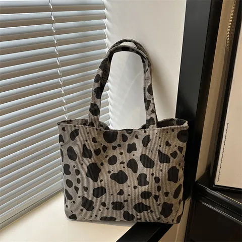 Women Vintage Cow Print Corduroy Tote Bag Large Capacity Casual Shoulder Bag Simple Versatile Daily Shopping Canvas Handbag