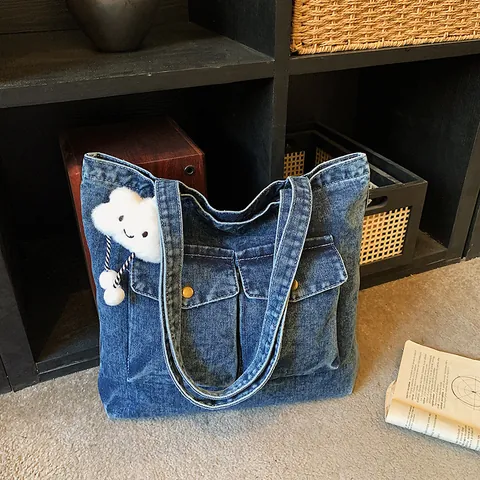 Large Capacity Washed Denim Tote Bag For Women Casual Multi Pocket Shoulder Bag With Plush Cloud Pendant Travel School Handbag