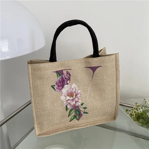 Borsa Tote in Iuta Floreale con Lettera Donna Borsa a Mano in Lino Vintage con Chiusura Magnetica Grande Capacità Borsa per la Spesa Borsa Portaoggetti Regalo