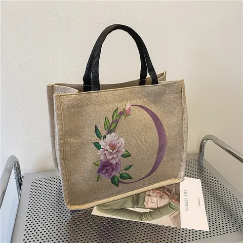 Borsa Tote in Iuta Floreale con Lettera Donna Borsa a Mano in Lino Vintage con Chiusura Magnetica Grande Capacità Borsa per la Spesa Borsa Portaoggetti Regalo